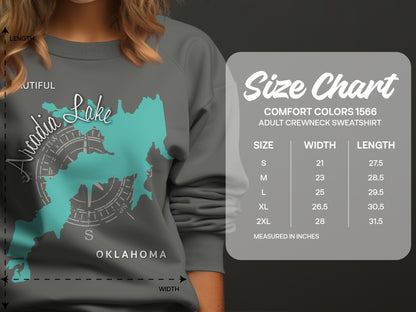 Crewneck sweatshirt size chart with Arcadia Lake graphic.