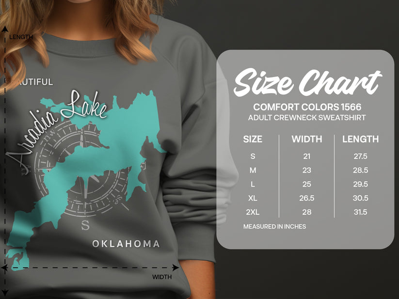 Crewneck sweatshirt size chart with Arcadia Lake graphic.