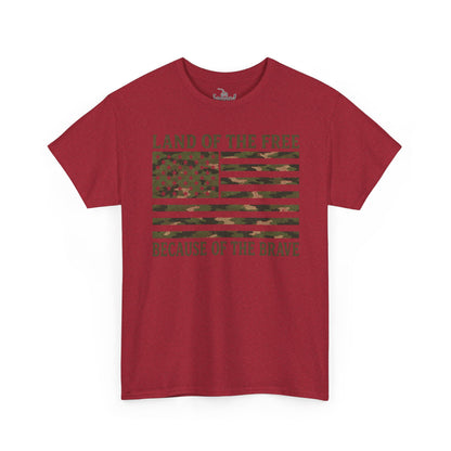 Land of the Free Because of the Brave T-Shirt | American Flag Tee | Patriotic Camo for Veterans and Fourth of July