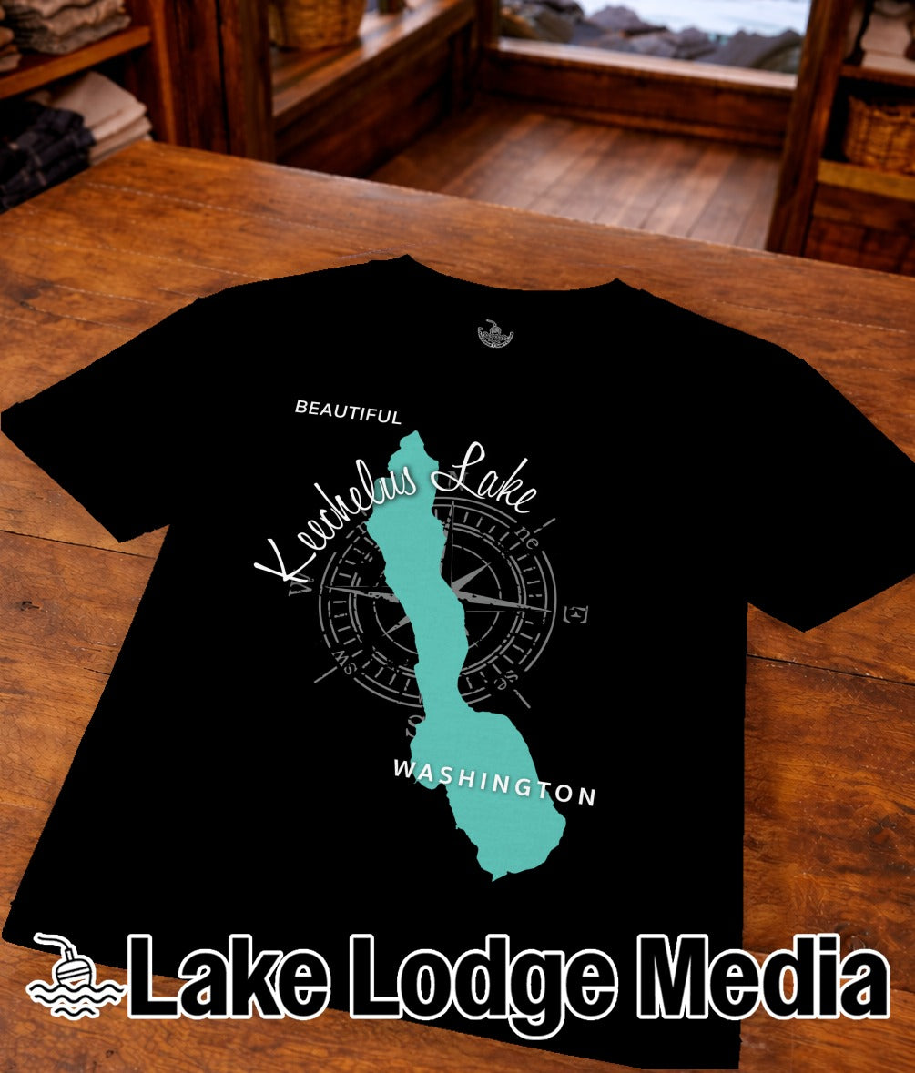 Black t-shirt with teal Lake Chelan, Washington outline and compass rose graphic.