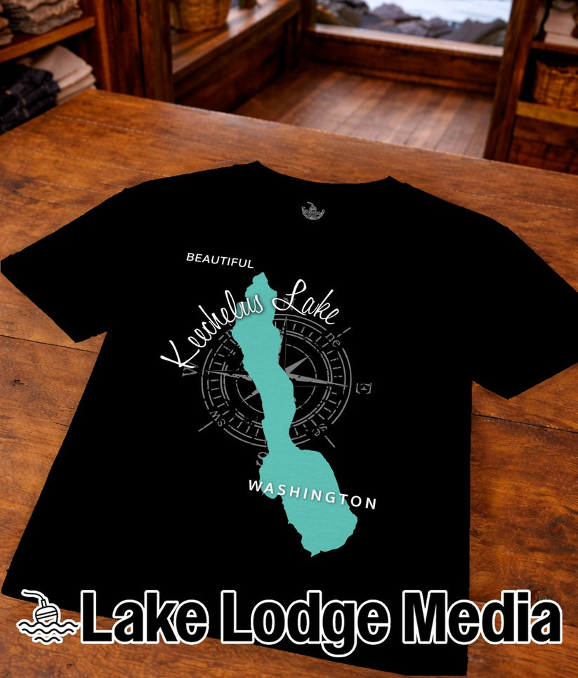 Black t-shirt with teal Lake Chelan, Washington outline and compass rose graphic.