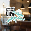 Mountain Island Life sticker with turquoise lake shape and copyright text.