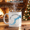White mug with Lake Wallenpaupack map and compass, steaming coffee.