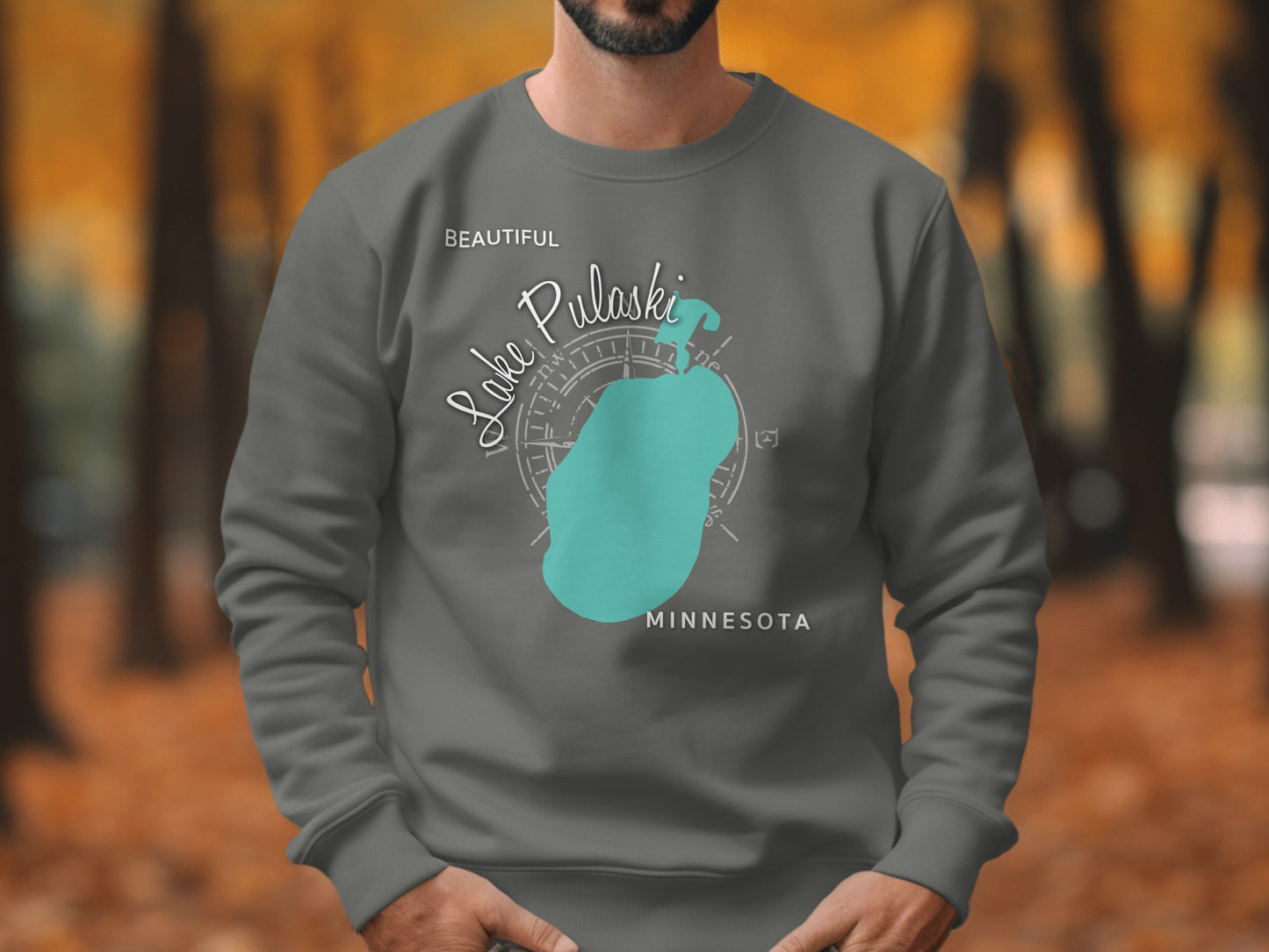 Grey sweatshirt with "Beautiful Lake Pulaski Minnesota" and teal lake outline.