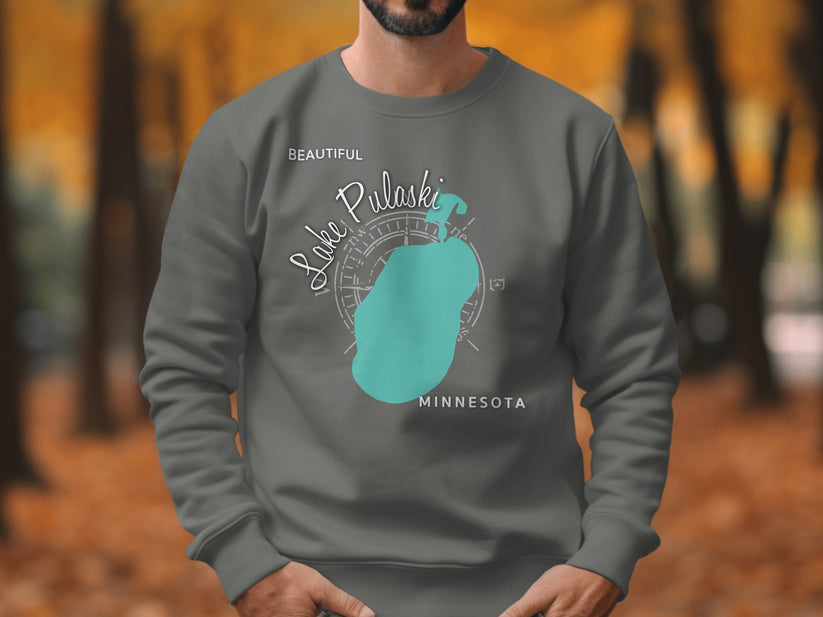 Grey sweatshirt with "Beautiful Lake Pulaski Minnesota" and teal lake outline.