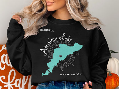 Black sweatshirt with "American Lake Washington" and compass graphic.