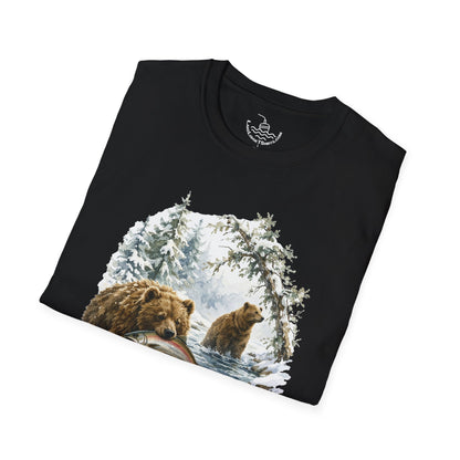Kodiak Winter Brown Bear Fishing T-Shirt | Wildlife Salmon Catch Nature Lover Tee | Rustic Forest Animal Art Gift Shirt