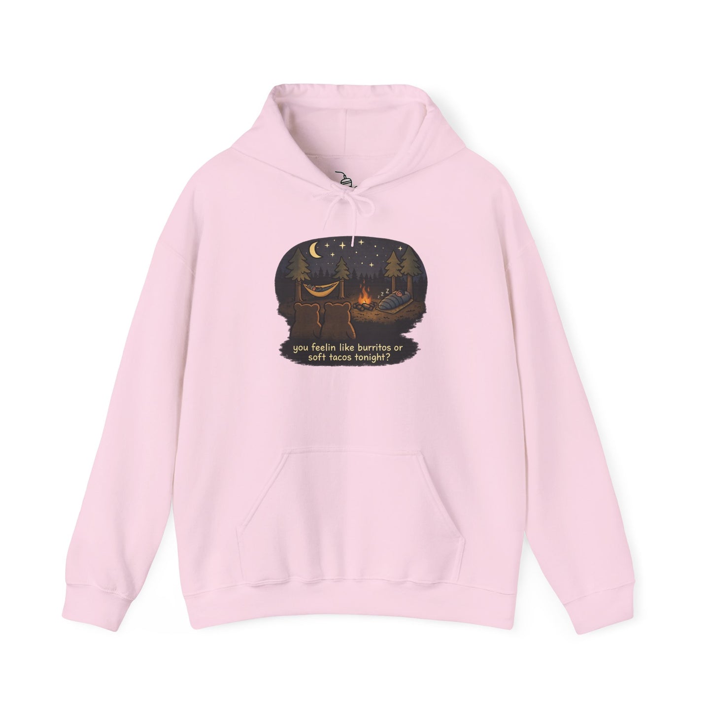 Campfire Bears Humor Hoodie, People in Sleeping Bags are Bear Burritos and Tacos Joke, Camping Hiking Smores Bonfire Apparel