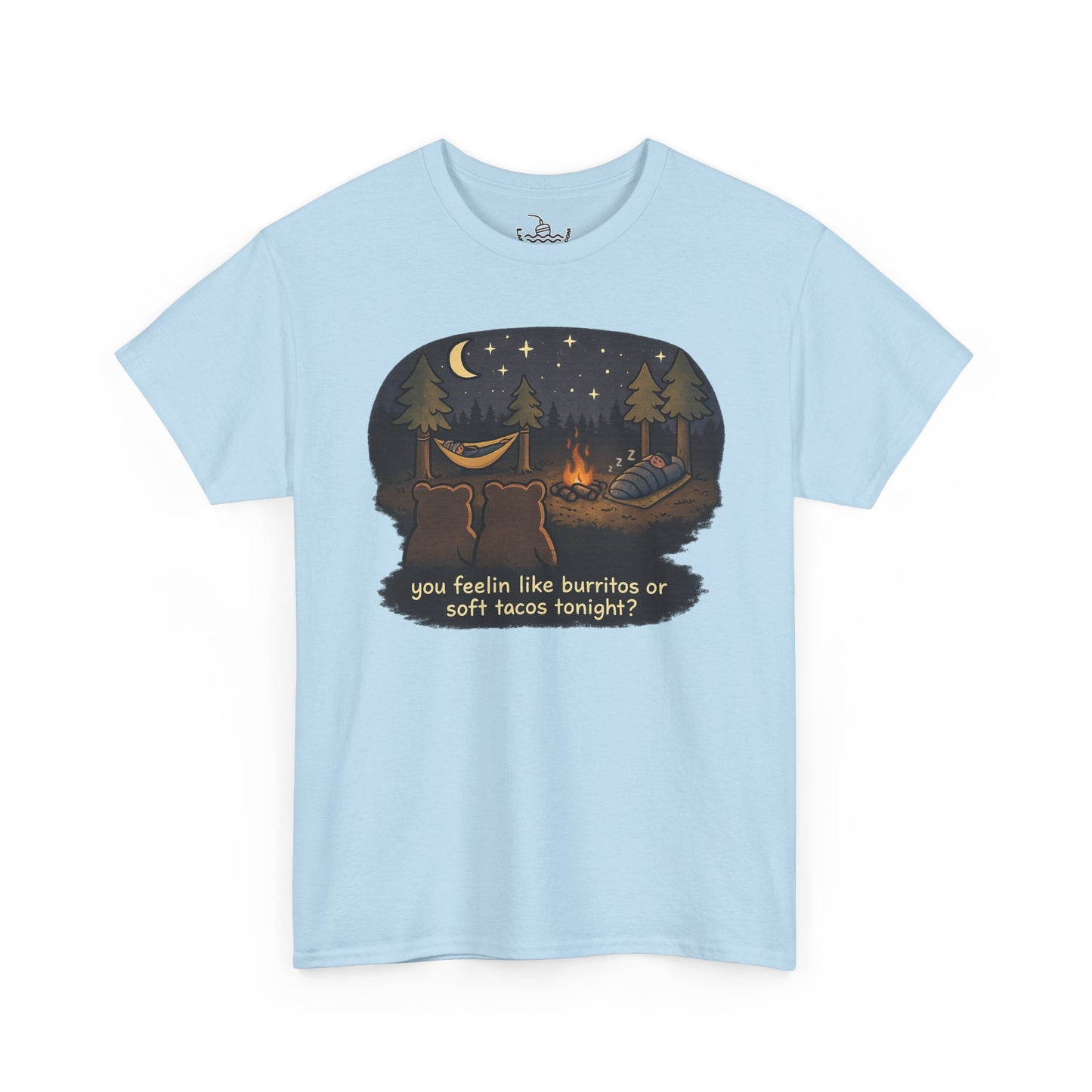Campfire Bears Humor T-Shirt, People in Sleeping Bags are Bear Burritos and Tacos Joke, Camping Hiking Smores Bonfire Apparel