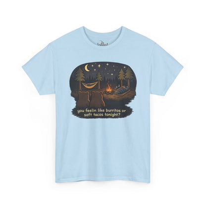 Campfire Bears Humor T-Shirt, People in Sleeping Bags are Bear Burritos and Tacos Joke, Camping Hiking Smores Bonfire Apparel