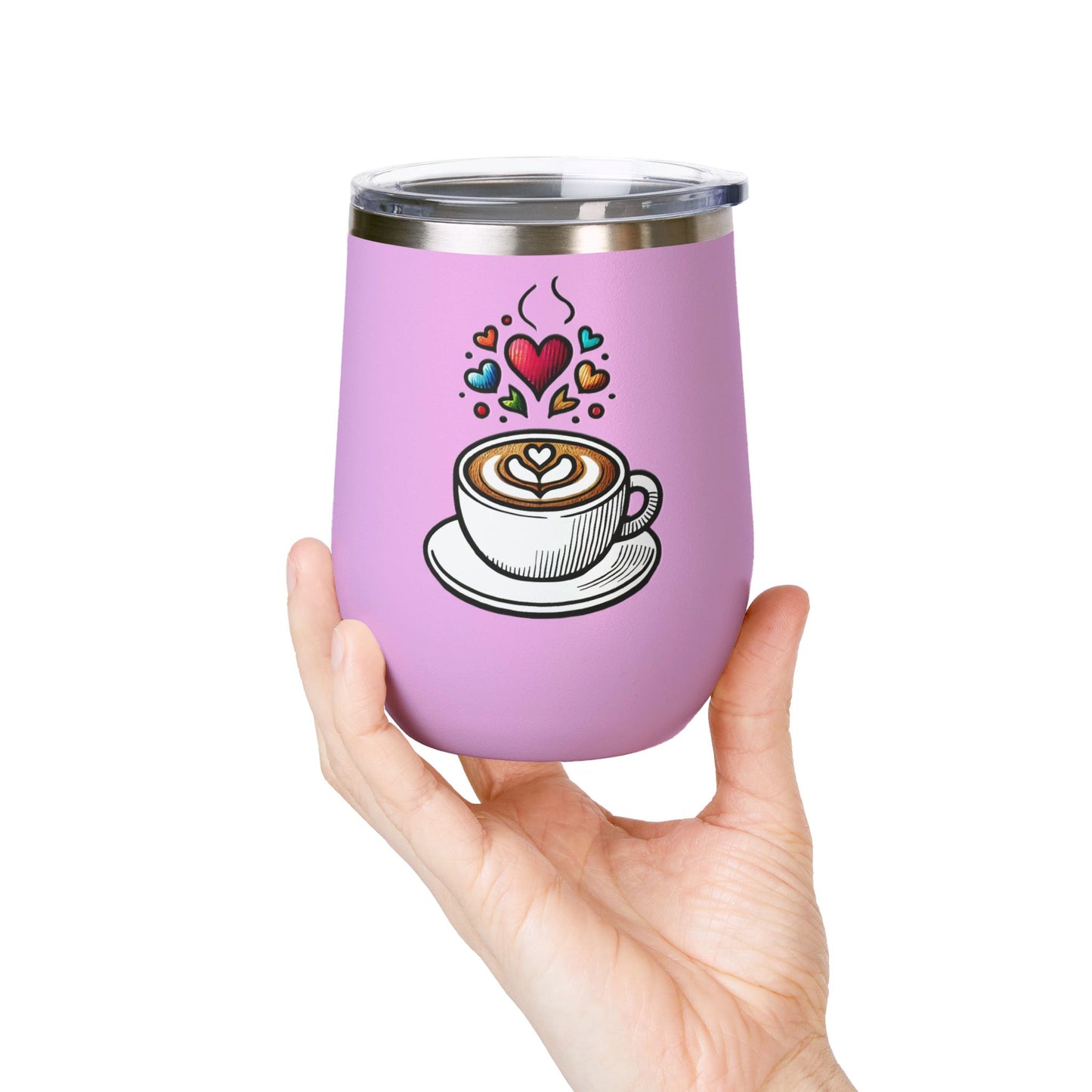 Charming Coffee Wine Tumbler with Lid for Coloring Book Lovers, Heart and Latte Design, Stainless Steel