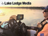 Fisherman in boat with Lowrance fishfinder, Lake Wedowee Life logo, and Lake Lodge Media text.