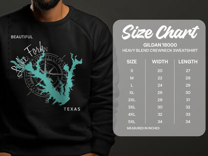 Gildan 18000 sweatshirt size chart with Lake Fork, Texas graphic.
