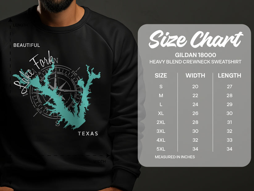 Gildan 18000 sweatshirt size chart with Lake Fork, Texas graphic.