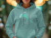 Teal hoodie with Bow Lake Alberta map graphic and compass.