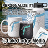 Personalized mug, tumbler, water bottle, and coaster with lake map and compass designs.