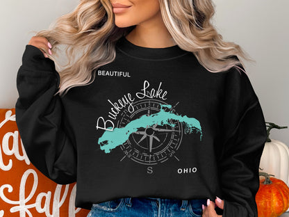 Black sweatshirt with Buckeye Lake Ohio map and compass graphic.