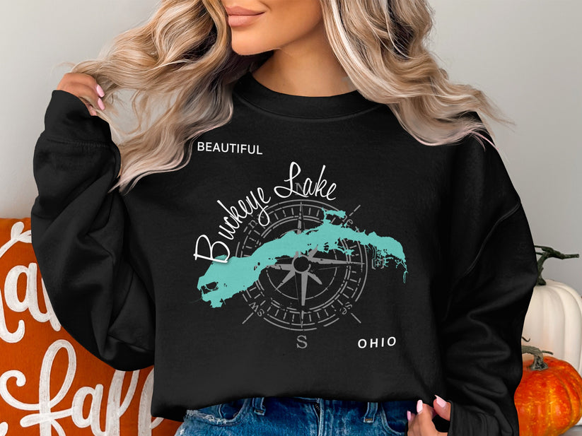 Black sweatshirt with Buckeye Lake Ohio map and compass graphic.