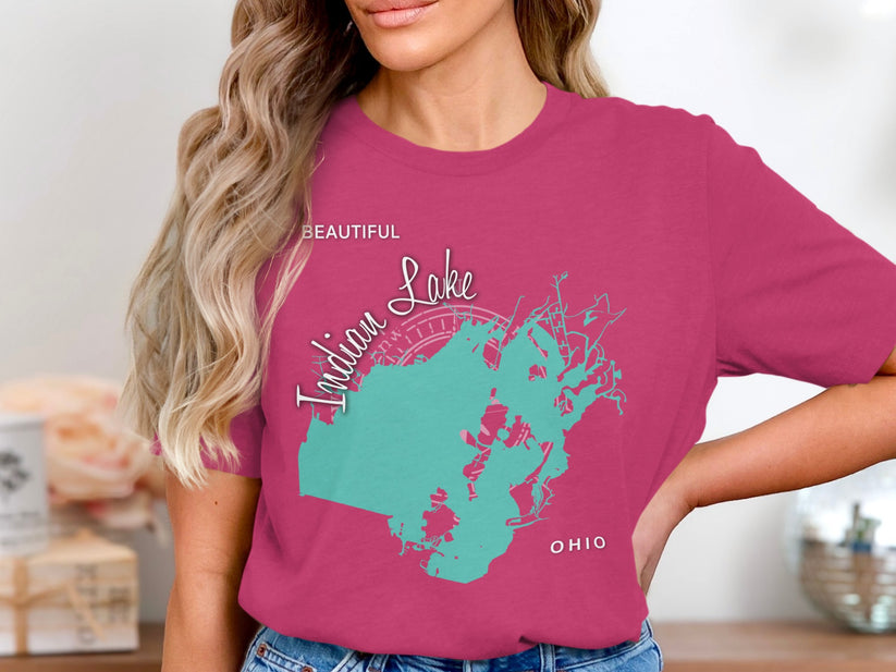 Teal outline map of Indian Lake, Ohio on a pink t-shirt.