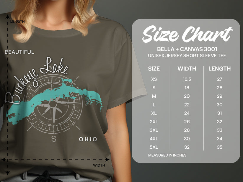 Buckeye Lake Ohio compass graphic on a unisex t-shirt size chart.