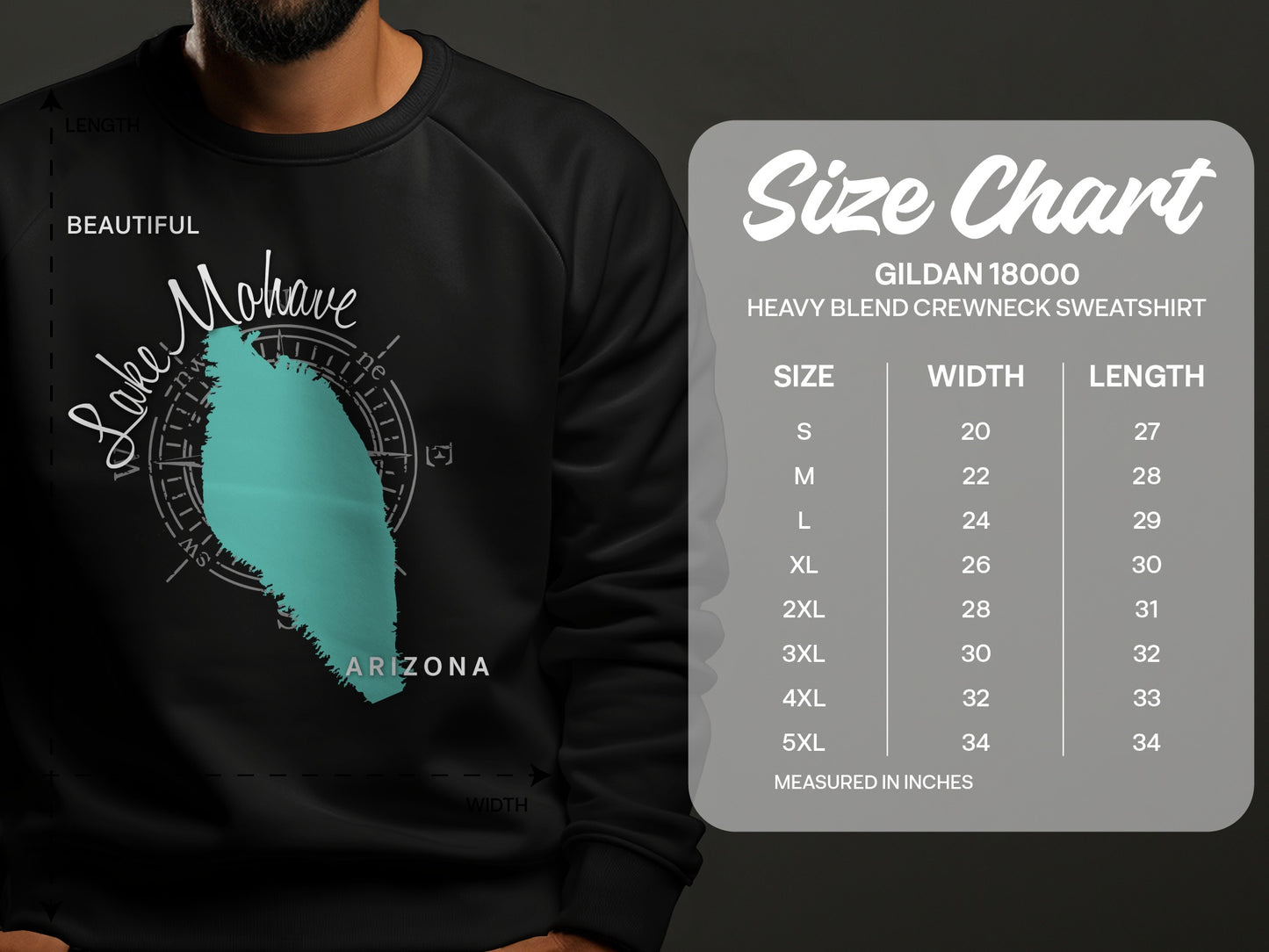 Sweatshirt mockup with "Beautiful Lake Mohave Arizona" map graphic and Gildan 18000 size chart.