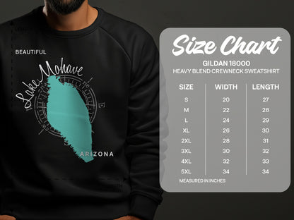 Sweatshirt mockup with "Beautiful Lake Mohave Arizona" map graphic and Gildan 18000 size chart.