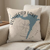 Rushford Lake New York map design on a textured pillow with compass rose graphic.
