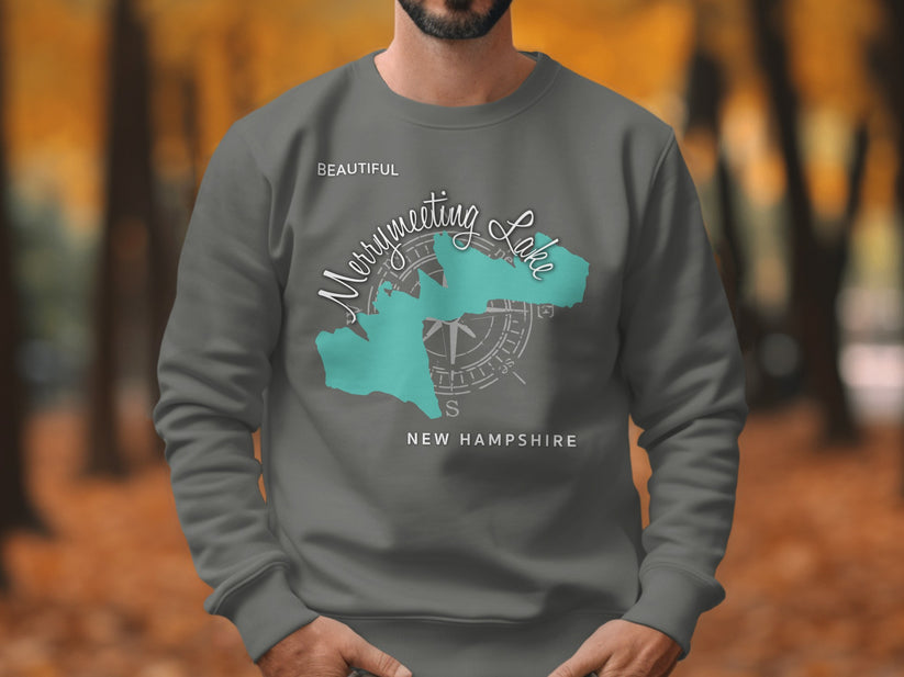 Gray sweatshirt with "Merrymeeting Lake NEW HAMPSHIRE" map graphic.