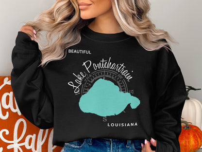 Black sweatshirt featuring "Lake Pontchartrain" map and compass design with "Louisiana."