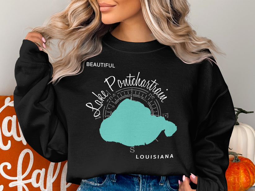 Black sweatshirt featuring "Lake Pontchartrain" map and compass design with "Louisiana."