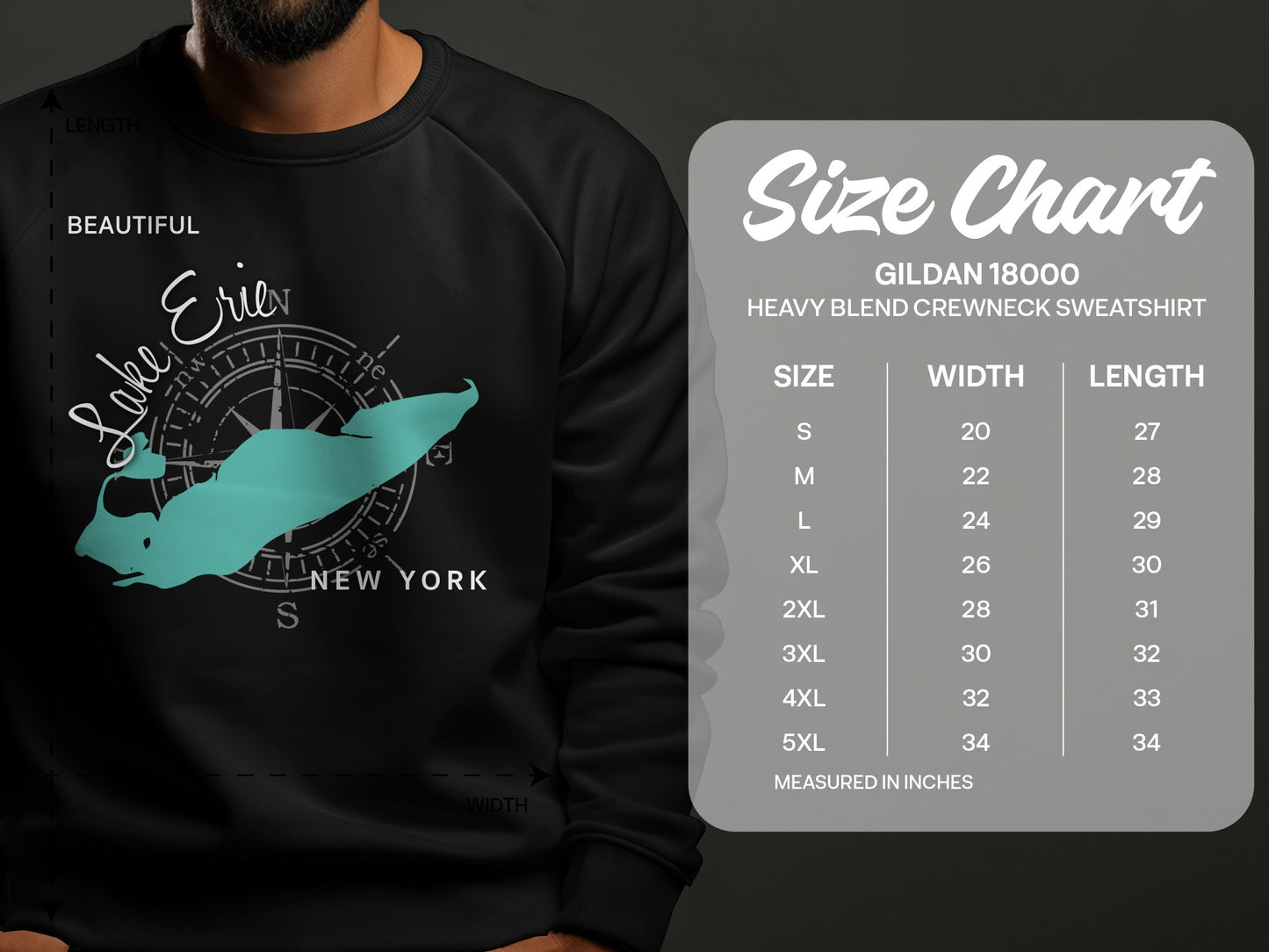 Crewneck sweatshirt with Lake Erie graphic and size chart.
