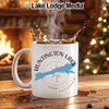 White mug with Huntington Lake, California design and compass rose.