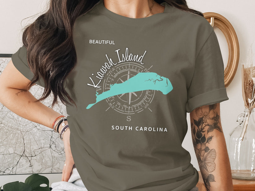 T-shirt featuring a teal map of Kiawah Island, South Carolina.