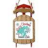 Wooden sled ornament with "Merry Christmas FROM Indian Lake" text and snowflake graphics.