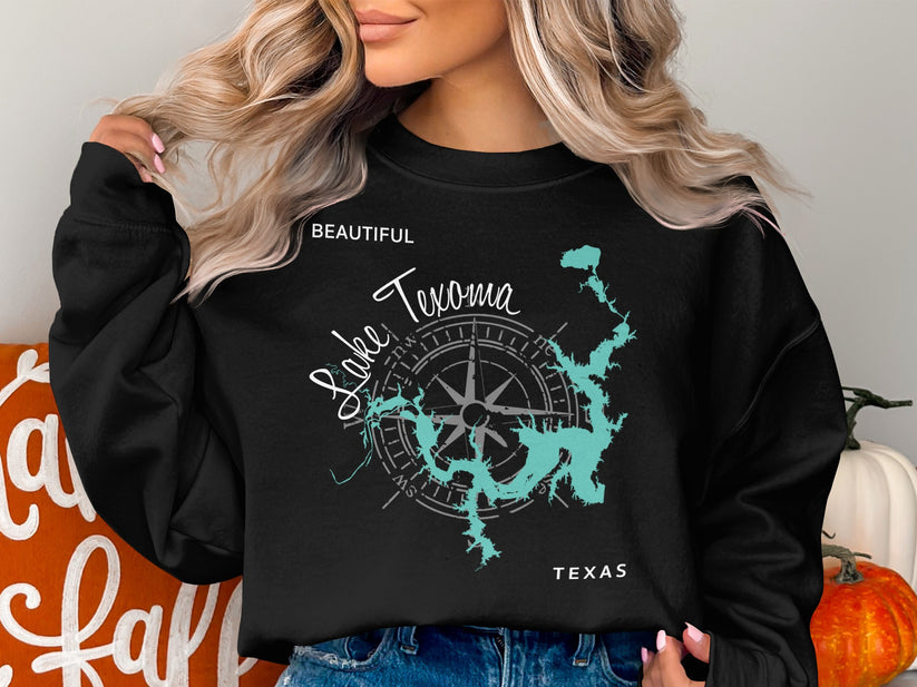 Black crewneck sweatshirt featuring a teal map of Lake Texoma and a compass rose.