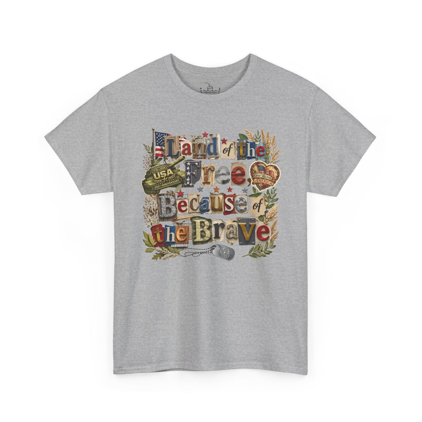 USA 250th Anniversary Land of the Free Because of the Brave T-Shirt | Patriotic Fourth of July Scrapbook Collage Design