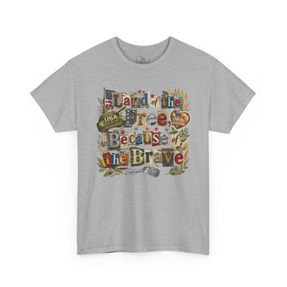 USA 250th Anniversary Land of the Free Because of the Brave T-Shirt | Patriotic Fourth of July Scrapbook Collage Design