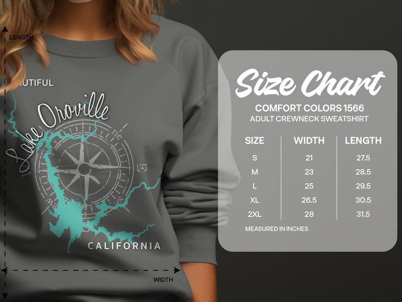 Lake Oroville California graphic on a gray sweatshirt with a size chart.