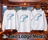 White sweatshirt, short sleeve shirt, and hoodie featuring Lake Wallenpaupack, Pennsylvania design.