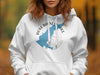 White hoodie with a blue Mississippi map graphic and compass design.