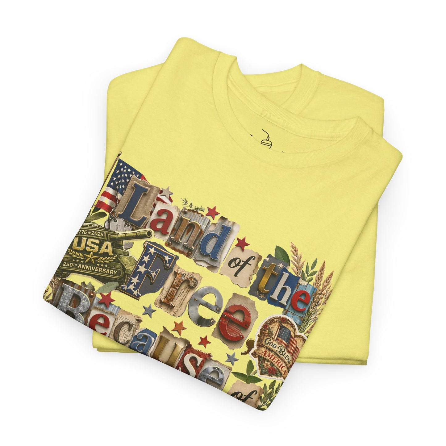 USA 250th Anniversary Land of the Free Because of the Brave T-Shirt | Patriotic Fourth of July Scrapbook Collage Design