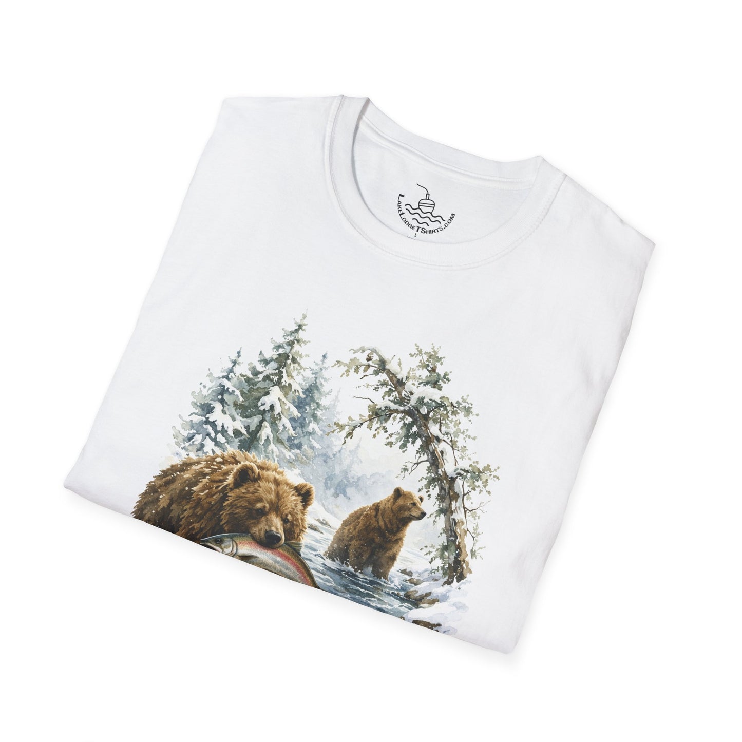 Kodiak Winter Brown Bear Fishing T-Shirt | Wildlife Salmon Catch Nature Lover Tee | Rustic Forest Animal Art Gift Shirt