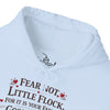 Fear Not Little Flock Hoodie with Printed Sleeves | Luke 12:32 Scripture Heart Design Bible Verse Gift | Share your faith