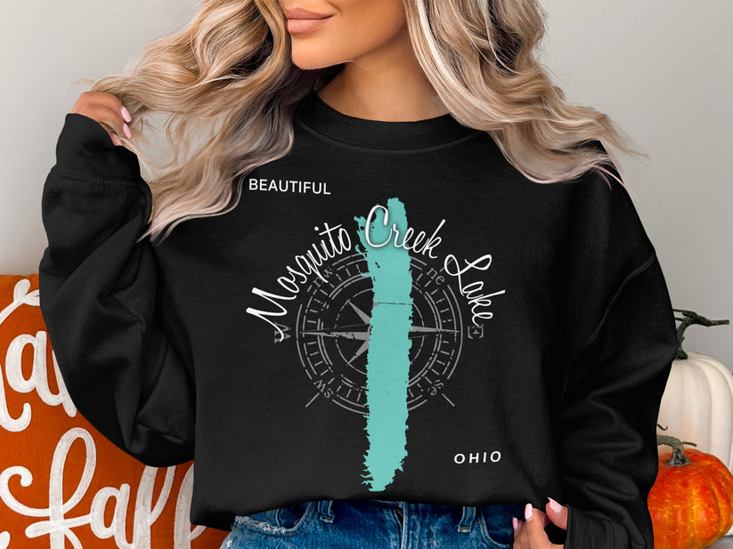 Black sweatshirt with "Beautiful Mosquito Creek Lake Ohio" text and compass design.