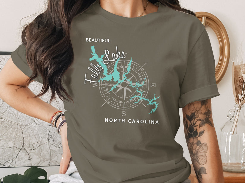 T-shirt with compass design, Falls Lake map, and "North Carolina" text.