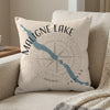 Decorative pillow with Maligne Lake map graphic and compass rose, Canada.