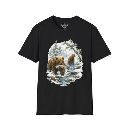 Kodiak Winter Brown Bear Fishing T-Shirt | Wildlife Salmon Catch Nature Lover Tee | Rustic Forest Animal Art Gift Shirt