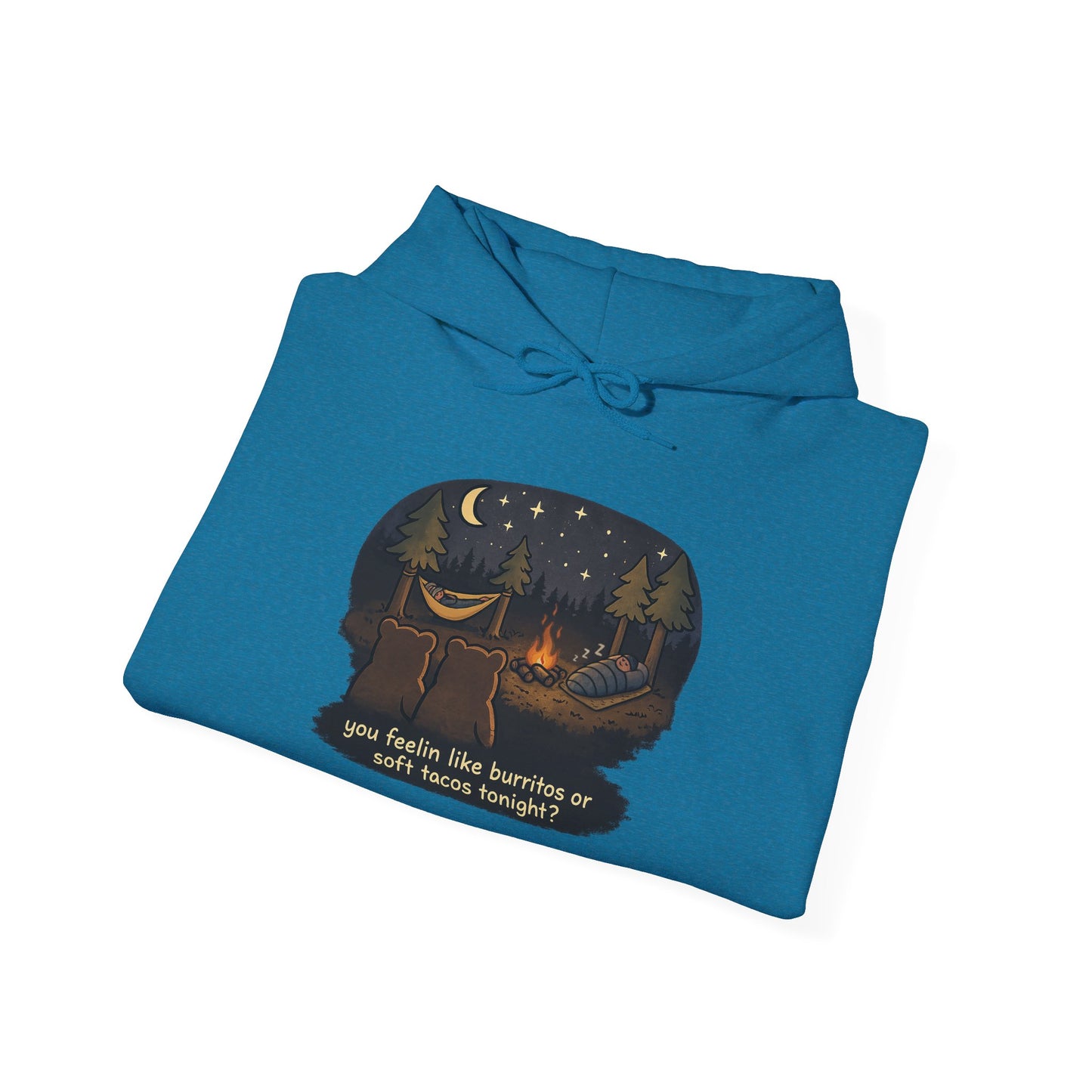 Campfire Bears Humor Hoodie, People in Sleeping Bags are Bear Burritos and Tacos Joke, Camping Hiking Smores Bonfire Apparel