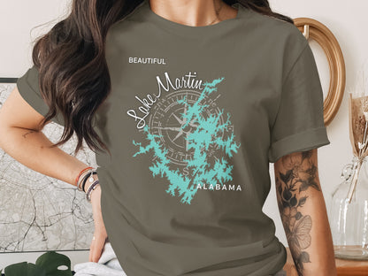 Olive t-shirt with Lake Martin Alabama map and compass design.