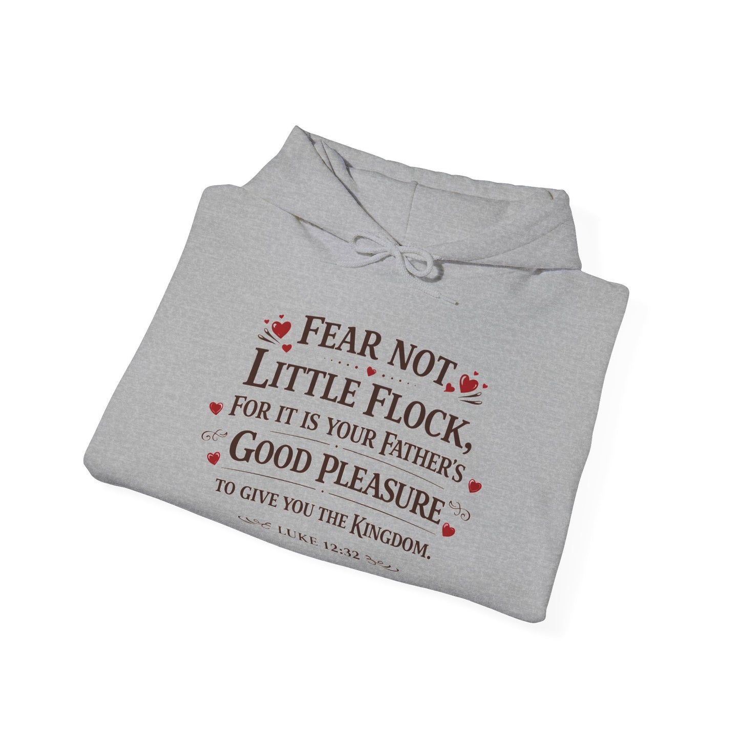 Fear Not Little Flock Hoodie with Printed Sleeves | Luke 12:32 Scripture Heart Design Bible Verse Gift | Share your faith
